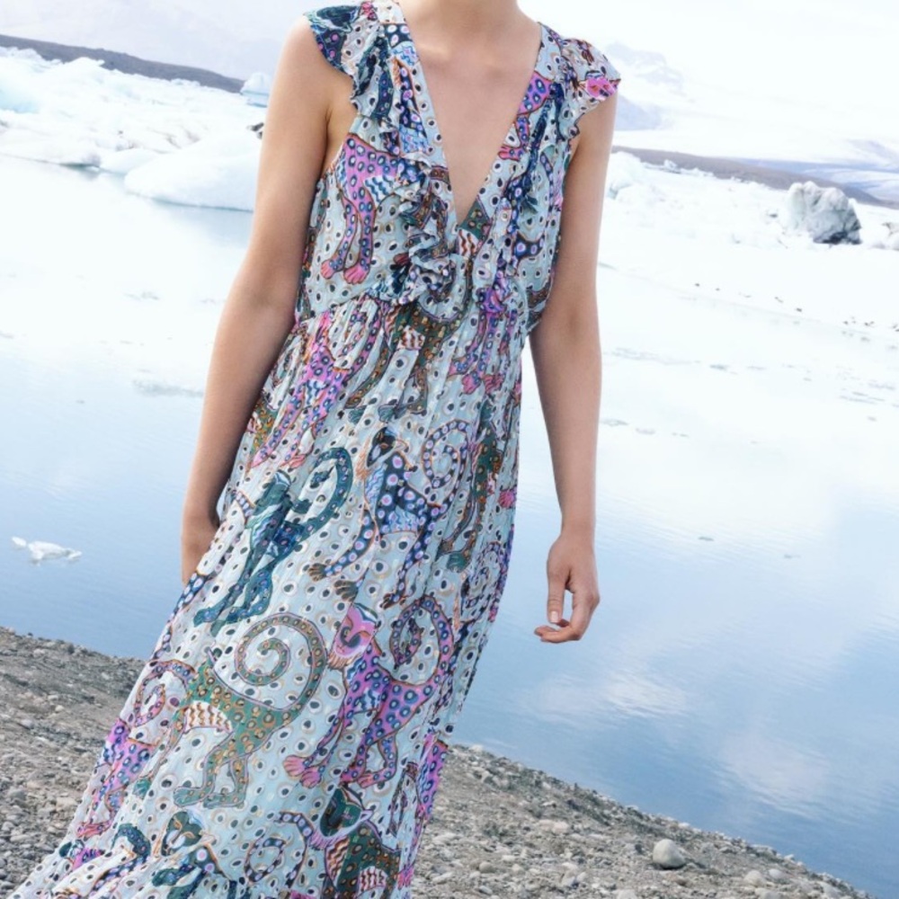 Oliphant Ruffle V-Neck Maxi Dress Monkey Print Capuchin Aqua Size Small
